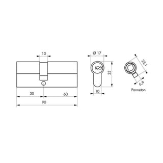 Sikkerhedscylinder europrofil Serruprix Thirard, zink-aluminium, forniklet, 5 vendbare nøgler, 30×60 mm