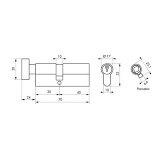 Sikkerhedscylinder europrofil Serruprix Thirard, med knop, zink-aluminium, forniklet, 5 vendbare nøgler, 30×40 mm