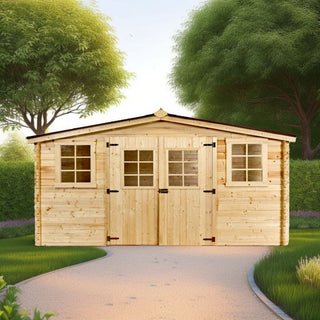Haveskur i træ BA 4030.02 N – 400 x 300 x 207 cm, 28 mm vægge, dobbeltdør, 4 vinduer