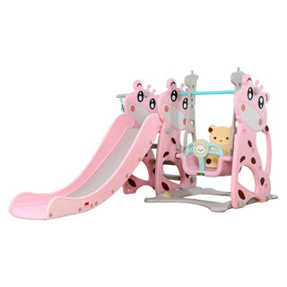 Børnerutsjebane 3-i-1 NOVOKIDS Giraffe Playground – rutsjebane, gynge & basketballkurv, inde/ude, 187 cm, pink