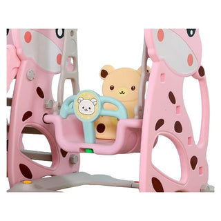 Børnerutsjebane 3-i-1 NOVOKIDS Giraffe Playground – rutsjebane, gynge & basketballkurv, inde/ude, 187 cm, pink