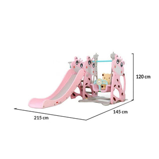 Børnerutsjebane 3-i-1 NOVOKIDS Giraffe Playground – rutsjebane, gynge & basketballkurv, inde/ude, 187 cm, pink