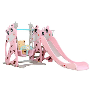 Børnerutsjebane 3-i-1 NOVOKIDS Giraffe Playground – rutsjebane, gynge & basketballkurv, inde/ude, 187 cm, pink