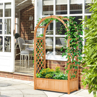 Udendørs plantekasse med dekorativ bue & espalier – Outsunny i grantræ | 83 × 36 × 152 cm