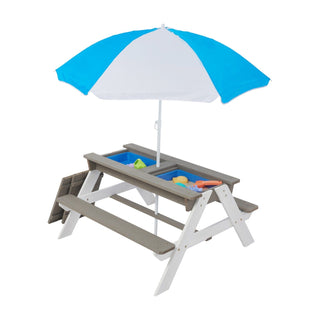 Børne picnicbord Ginger Home 3-i-1 – bord med bænke, justerbar parasol, sand- og vandleg, UV-beskyttelse
