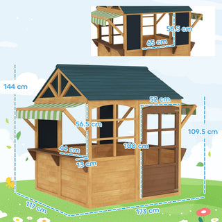 AIYAPLAY legehus til børn – trælook med 5 vinduer & tavler, 3–8 år, brun/blå
