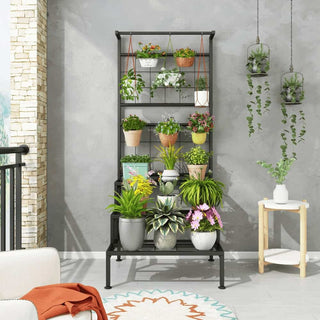 Blomsterstativ BALKO i metal – Sort planteholder med 3 hylder | 60 × 54 × 158 cm
