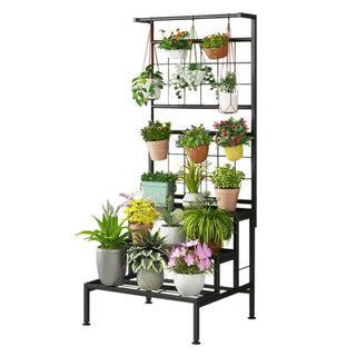 Blomsterstativ BALKO i metal – Sort planteholder med 3 hylder | 60 × 54 × 158 cm