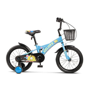 Velors V1601B børnecykel – 16", blå + grøn, 4–6 år, 1 gear, V-bremser, med støttehjul og cykelkurv