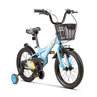 Velors V1601B børnecykel – 16", blå + grøn, 4–6 år, 1 gear, V-bremser, med støttehjul og cykelkurv