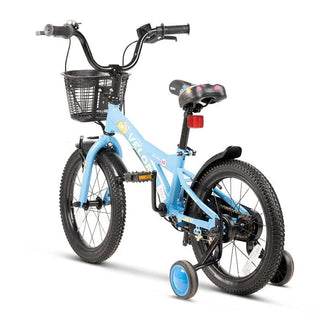 Velors V1601B børnecykel – 16", blå + grøn, 4–6 år, 1 gear, V-bremser, med støttehjul og cykelkurv
