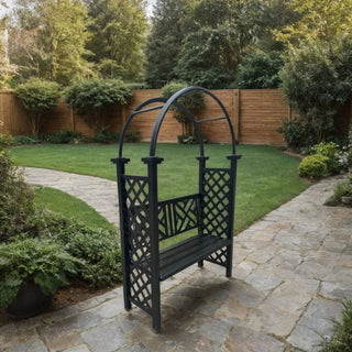 Havepergola i aluminium, klatrerosebue / blomsterstativ og bænk, 128 x 50 x 209 cm, Grandio Mob Retro