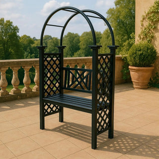 Havepergola i aluminium, klatrerosebue / blomsterstativ og bænk, 128 x 50 x 209 cm, Grandio Mob Retro