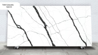 Quartz Calacatta Ajaccio 7300 – Kompositkvarts 320 × 82 × 2 cm