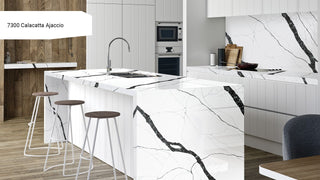 Quartz Calacatta Ajaccio 7300 – Kompositkvarts 320 × 82 × 2 cm