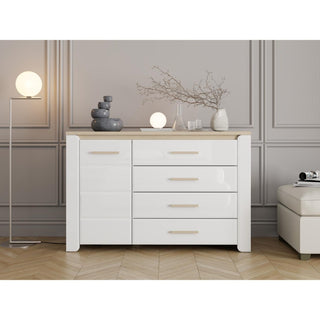 Kommode Aberdeen 2K4F1V, med låge og 4 skuffer, 134,8 × 40,1 × 87,9 cm
