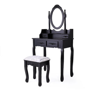 Rom toiletbord, Tidløst Værktøj med ovalt spejl, 4 skuffer og skammel, Sort