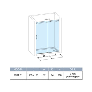 Skydedør til bruseniche, glas, West UC165WST01, sort profil, 165-180 × 200 cm