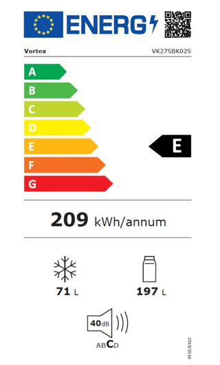 VORTEX VK27SBK02S Kombineret Køle-/Fryseskab – 268 L, 178 cm, Klasse E, Sort