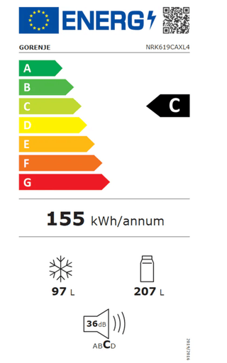 Gorenje NRK619CAXL4 Kombiskab – 304 L, 186 cm, NoFrost Plus, Klasse C, Sølv