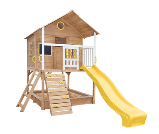 Stort legehus i træ til børn – med sandkasse og rutsjebane – til have og gård – 258 x 271,5 x 291 cm – fra 2 til 10 år – Ginger Home