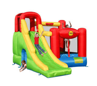 Happy Hop Play Center 6-i-1 Hoppeborg – Med Rutsjebane, Boldbassin og Basketballkurv, 3+ år, Max 180 kg