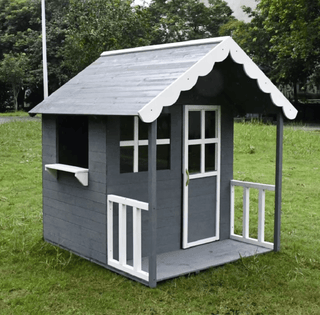 Træhus til børn – Ginger Home, Med åbne vinduer og veranda, 139x143,5x149 cm, Grå