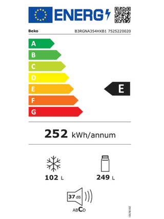 Kombineret køle-/fryseskab BEKO B3RGNA354HXB1 – 351 l, No Frost, Inox, H 203,5 cm, Energiklasse E