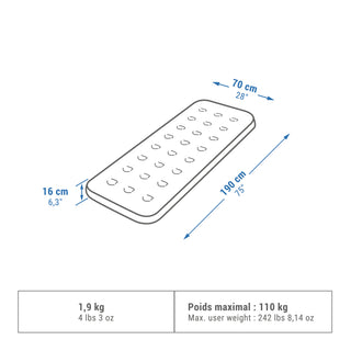 Oppustelig madras til camping, 1 person, 190 × 70 cm, Air Basic