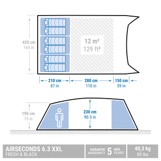 Oppusteligt campingtelt til 6 personer med 3 kabiner, Fresh & Black, Air Seconds 6.3 XXL