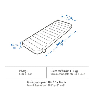 Oppustelig madras til camping, 1 person, 200×70 cm, Air Seconds Comfort