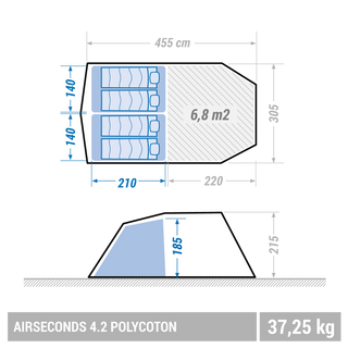 Oppusteligt campingtelt til 4 personer med 2 kabiner, Air Seconds 4.2 Polybomuld