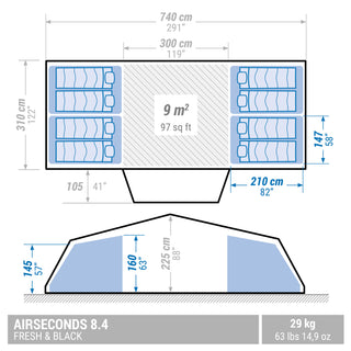 Oppusteligt campingtelt til 8 personer med 4 soverum, Fresh & Black, Air Seconds 8.4