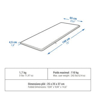 Selvoppustelig madras til camping, 1 person, 190×65 cm, Comfort