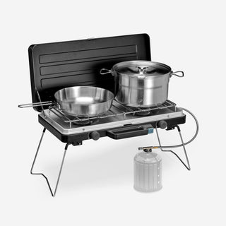 Gasblus 500 til camping 2 brændere - 2x3000 W - piezotænding - ben