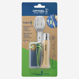Opinel Picnicsæt Plus med kniv N°8, gaffel, ske, viskestykke-etui