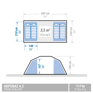 Campingtelt til 4 personer med 2 kabiner, Fresh & Black, Arpenaz 4.2