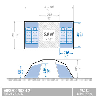 Oppusteligt campingtelt Air Seconds 4.2 til 4 personer, 2 kabiner, Fresh & Black