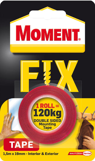Dobbeltklæbende tape til fastgørelse, 120 kg, Moment Fix, 1,5 m × 19 mm