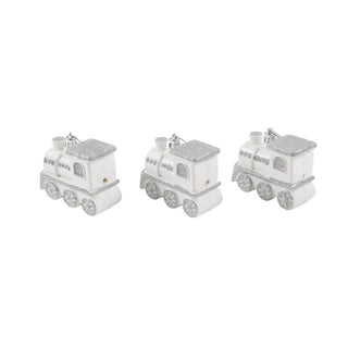 Juledekoration – Togsæt, hvid & sølv, plast, 9,5 × 7 × 4 cm, sæt med 3 stk.