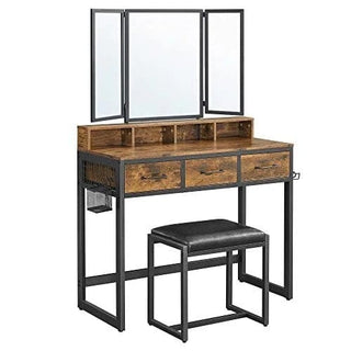Toiletbord med spejl og skammel, Vasagle, RVT004B01, Rustik brun, 40x90x141 cm