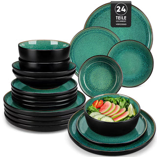 Vancasso Keramik Stel 24 Dele – Grøn/Sort, Reaktiv Glasur, Service til 6 personer